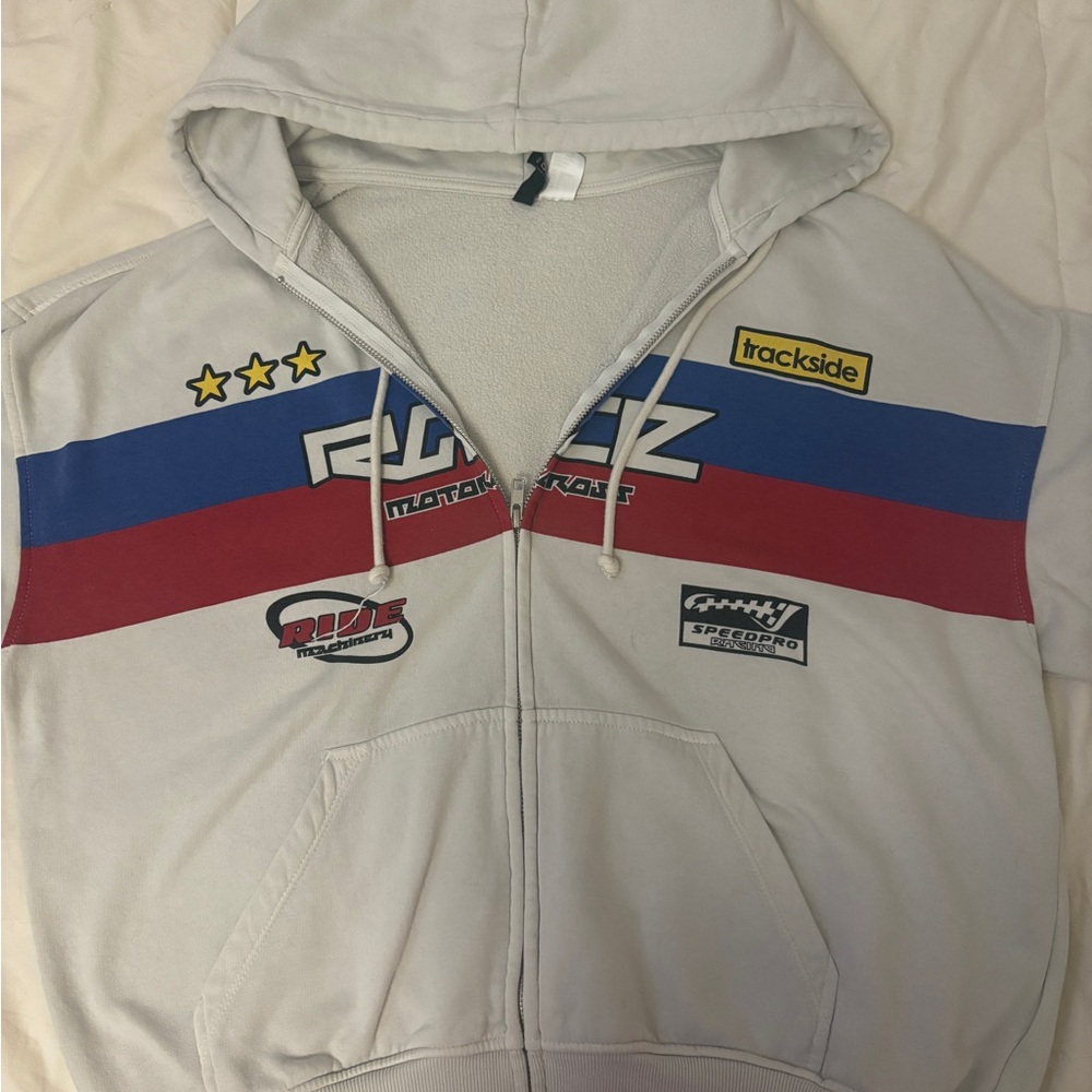 H&M White Hoodie Jacket with Blue and Red Racing Stripes